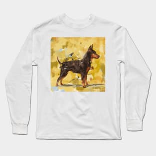 An Impressionistic Painting of a Pinscher on Yellow Background Long Sleeve T-Shirt